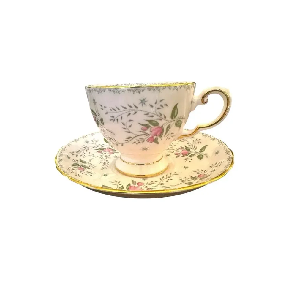 Tuscan Fine English Bone Pink Gold Floral Rose Spray China Tea Cup and Saucer